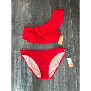 Kona SOl One Shoulder flounce Bikini Top and Low-rise Bottoms NEW LARGE